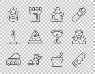 Fototapeta premium Set line Ticket, Hand saw, Witch, Hermes sandal, Magic ball, Masons, Mortar pestle and Vampire icon. Vector