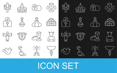 Set line Christian cross on chain, Krampus, heck, Stained glass, Easter egg, Donation for church, and Church tower icon. Vector