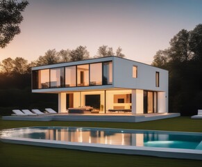 Exterior of modern minimalist cubic villa with swimming pool at sunset.