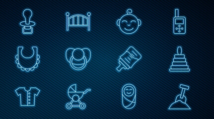 Set line Sandbox with sand and shovel, Pyramid toy, Little boy head, Baby dummy pacifier, bib, bottle and crib cradle bed icon. Vector