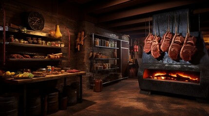 Obraz na płótnie Canvas Create an inviting display of a contemporary barbecue joint, with smoked meats, rustic decor, and the aroma of barbecue wafting through the air