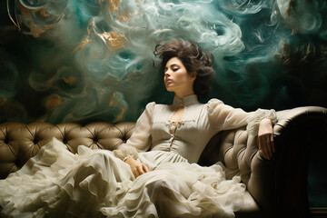 Woman in a dress lying on a sofa, cloud over her head, relax on the couch, melancholia and loneliness, daydreaming - obrazy, fototapety, plakaty