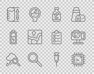 Set line Cloud with rain, Processor CPU, Medicine bottle and pills, Magnifying glass, Height geometrical figure, Graph chart infographic, Syringe and Genetic engineering icon. Vector