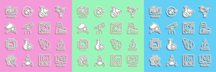 Set line Genetic engineering, Force of physic formula, Power station plant, Graduation cap, Telescope, Cloud with rain, and Data visualisation icon. Vector
