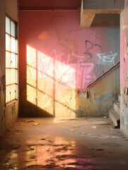 An abandoned room covered in vibrant graffiti art