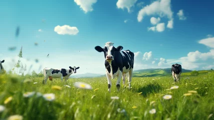 Gordijnen Dairy cow walks in the fresh green grass  © Muhammad