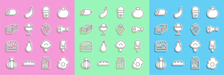 Set line Scrambled egg, Ice cream, Chicken leg, in waffle, the bowl, Piece of cake, Salami sausage and Strawberry icon. Vector