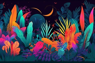 Fototapeta na wymiar Colorful tropical paradise wallpaper with vibrant plants, neon-inspired abstract designs and illustrated backdrop. Generative AI