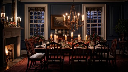Fototapeta na wymiar Design a composition that showcases the timeless beauty of a colonial-style dining room with antique furniture and candlelit ambiance