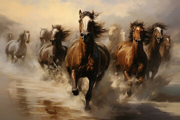 Energetic horses galloping with strength. Generative AI