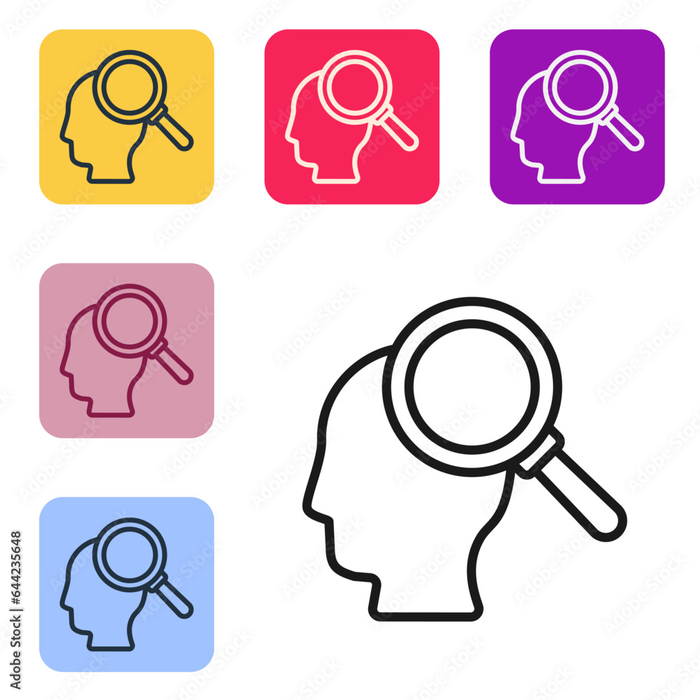 Poster black line finding a problem in psychology icon isolated on white background. set icons in color squ