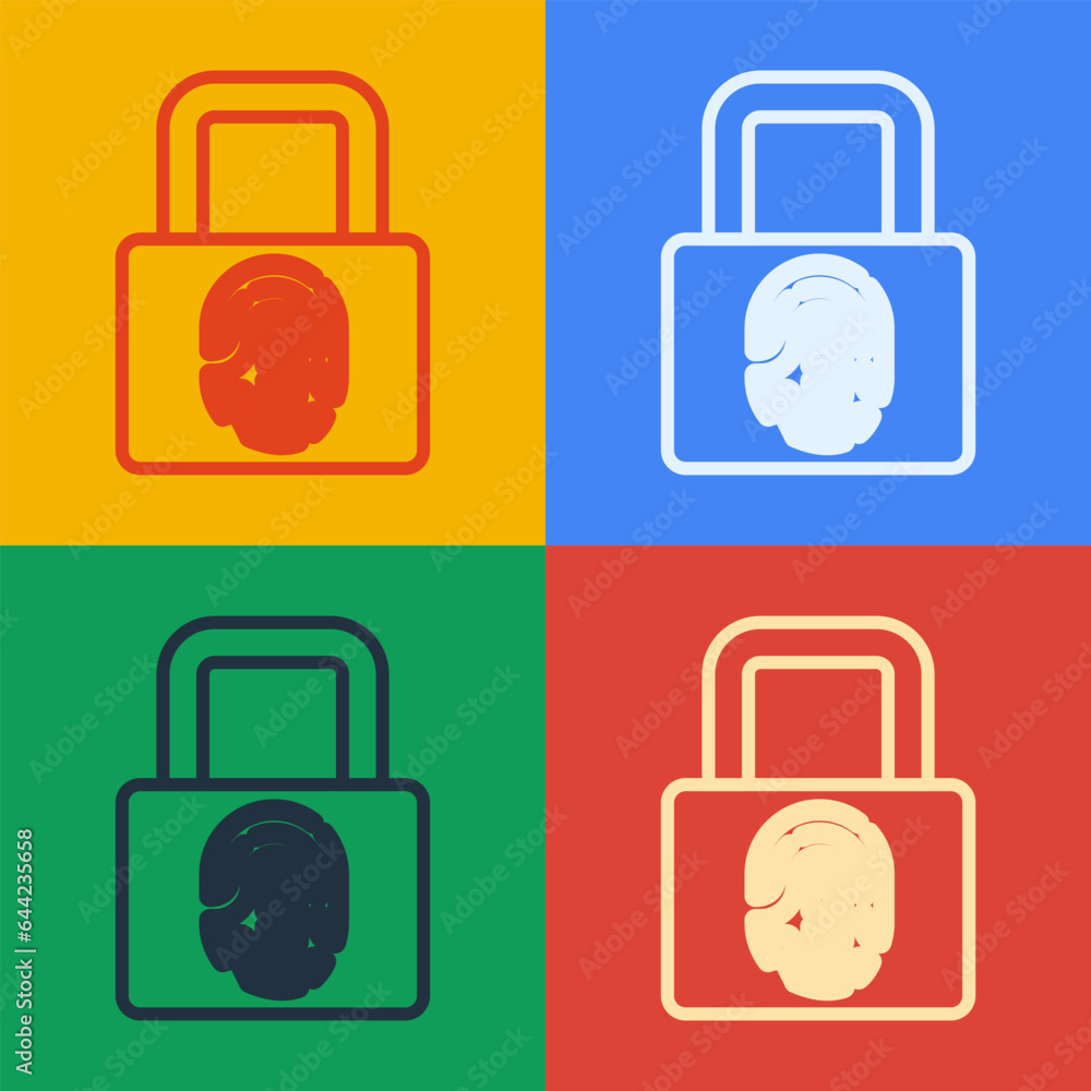 Poster pop art line fingerprint with lock icon isolated on color background. id app icon. identification si