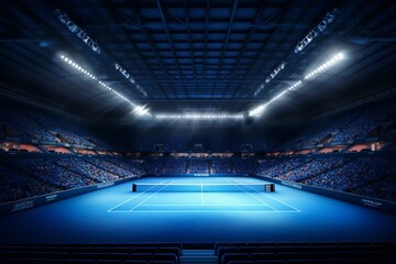 Illuminated modern tennis arena with blue court, fans, and spotlights. 3D illustration of professional tennis sport. Generative AI - obrazy, fototapety, plakaty