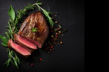 Grilled dry aged picanha beef steak with herbs on a dark background. Top view with copy space. Generative AI