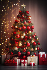 Fototapeta na wymiar A beautifully decorated Christmas tree with presents underneath