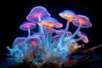 Fototapeta na wymiar Bioluminescent fungi emit a vivid glow in ultraviolet illumination. Generative AI