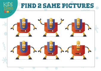 Find two same pictures kids game vector illustration. Activity for preschool children