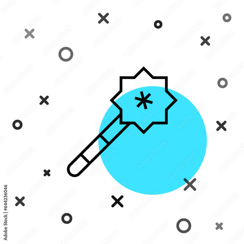 Poster black line magic wand icon isolated on white background. star shape magic accessory. magical power. 