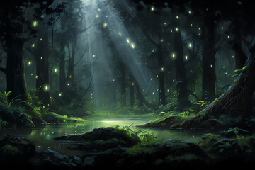 A mesmerizing forest painting illuminated by the glow of fireflies