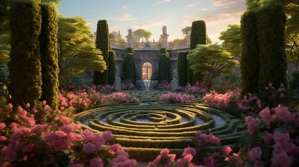 Fototapete Paris Design a high-resolution image of a garden labyrinth adorned with climbing roses, creating an enchanting and romantic atmosphere