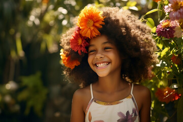 Beautiful young Afro-American girl in garden during summer