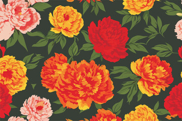 Vector pattern with pink, yellow and red peony flowers, green leaves. 
Floral background.