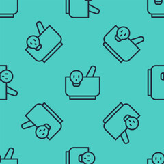 Black line Mortar and pestle icon isolated seamless pattern on green background. Vector