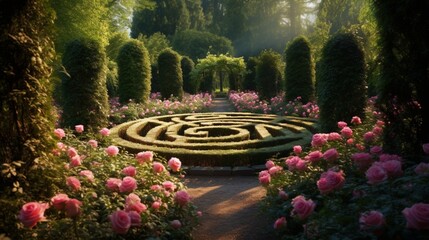 Design a high-resolution image of a garden labyrinth adorned with climbing roses, creating an enchanting and romantic atmosphere
