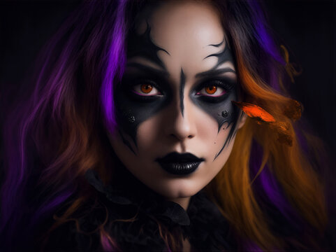 portrait of a woman in halloween theme makeup in dark purple background