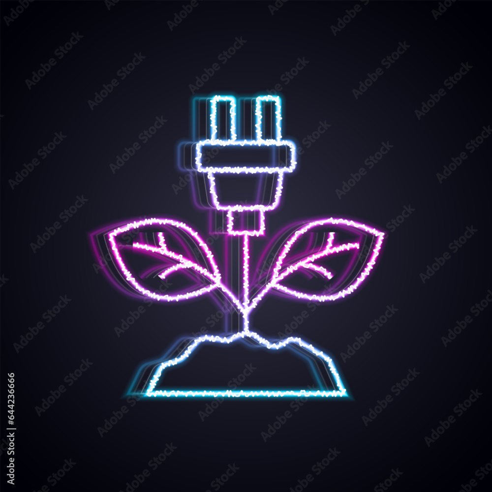 Wall mural Glowing neon line Electric saving plug in leaf icon isolated on black background. Save energy electricity. Environmental protection. Bio energy. Vector