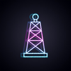 Glowing neon line Oil rig icon isolated on black background. Gas tower. Industrial object. Vector