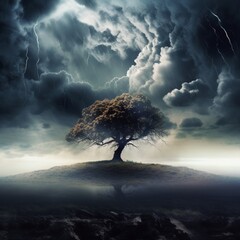 Design a simple yet powerful image of a lone tree against a dramatic thunderstorm backdrop, symbolizing resilience in the face of adversity