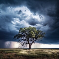 Fototapeta na wymiar Design a simple yet powerful image of a lone tree against a dramatic thunderstorm backdrop, symbolizing resilience in the face of adversity