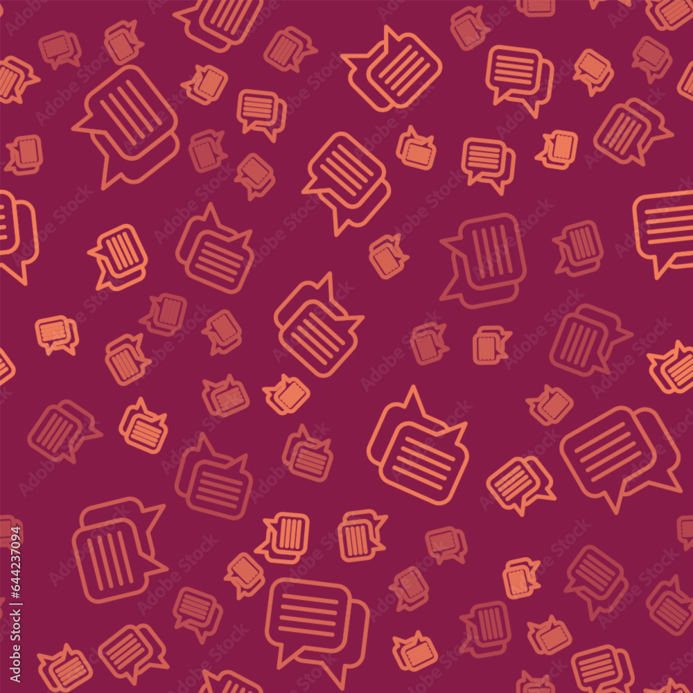 Poster brown line speech bubble chat icon isolated seamless pattern on red background. message icon. commun