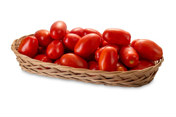 Red plum tomatoes in wicker basket isolated