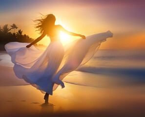 Silhouette d'une femme dansant au soleil couchant. - obrazy, fototapety, plakaty
