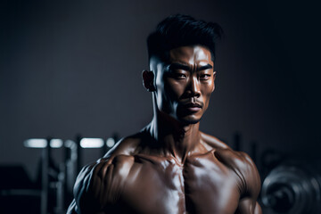 Muscular attractive asian man posing shirtless at the gym