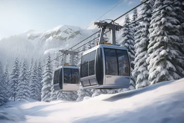 Keuken spatwand met foto New modern cabin ski lift gondola against snowcapped forest tree and mountain peaks in luxury winter resort. Winter leisure sports, recreation and travel. © dinastya