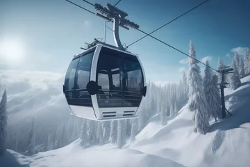 Foto op Plexiglas New modern cabin ski lift gondola against snowcapped forest tree and mountain peaks in luxury winter resort. Winter leisure sports, recreation and travel. © dinastya