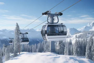 Papier Peint photo Gondoles New modern cabin ski lift gondola against snowcapped forest tree and mountain peaks in luxury winter resort. Winter leisure sports, recreation and travel.
