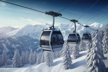 Keuken spatwand met foto New modern cabin ski lift gondola against snowcapped forest tree and mountain peaks in luxury winter resort. Winter leisure sports, recreation and travel. © dinastya
