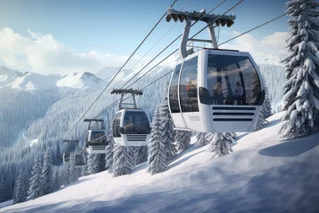 Photo sur Plexiglas Gondoles New modern cabin ski lift gondola against snowcapped forest tree and mountain peaks in luxury winter resort. Winter leisure sports, recreation and travel.