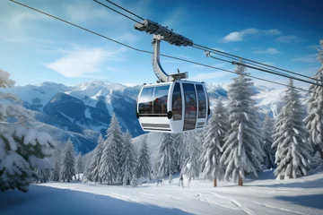 Papier Peint photo Gondoles New modern cabin ski lift gondola against snowcapped forest tree and mountain peaks in luxury winter resort. Winter leisure sports, recreation and travel.