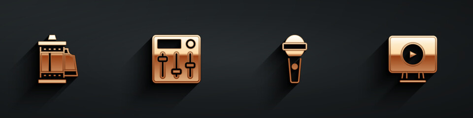 Set Camera roll cartridge, Sound mixer controller, Microphone and Online play video icon with long shadow. Vector