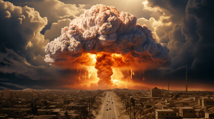 Nuclear explosion of atomic bomb. Dramatic sky, shock wave. Nuclear fungus of nuclear fusion accident