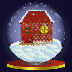 the cabin in winter,  snow falls, christmas glass ball, small house, snowball, cabin, brick wall
