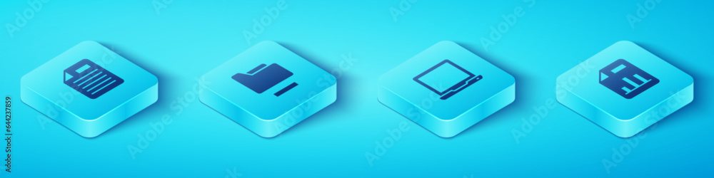 Poster set isometric file document, document folder, with graph chart and laptop icon. vector