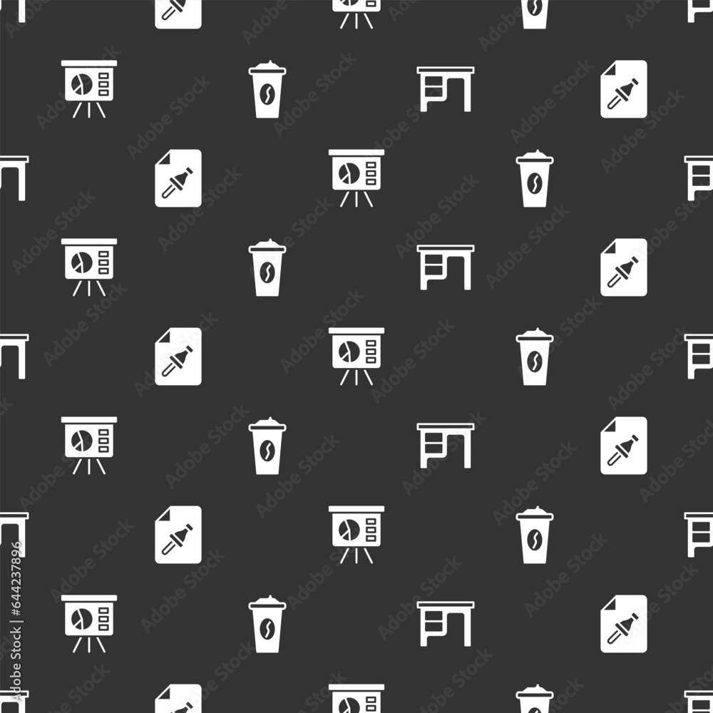 Aufkleber set office desk, note paper with push button, board graph and coffee cup go on seamless pattern. vec