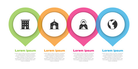 Set Multi storey building, Church, Tourist tent and Global economic crisis. Business infographic template. Vector
