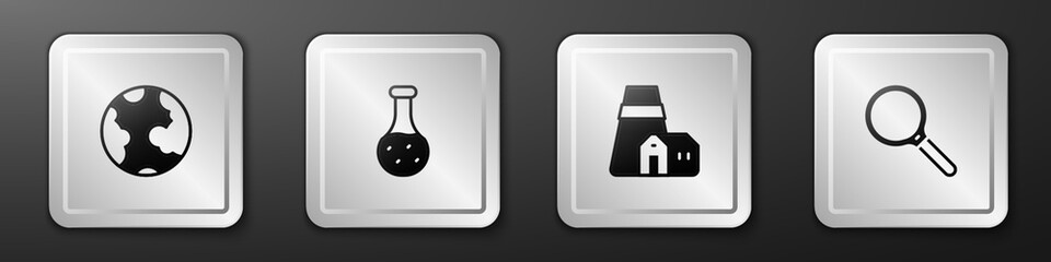 Set Earth globe, Test tube, Power station plant and Magnifying glass icon. Silver square button. Vector